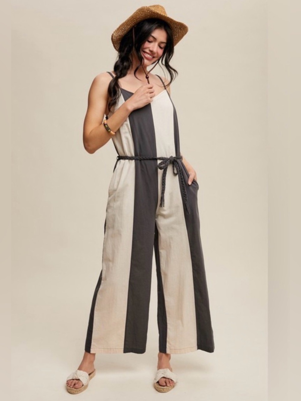 Listicle NWT Cotton Vertical Stripe Sleeveless Jumpsuit with Side Pockets Size L